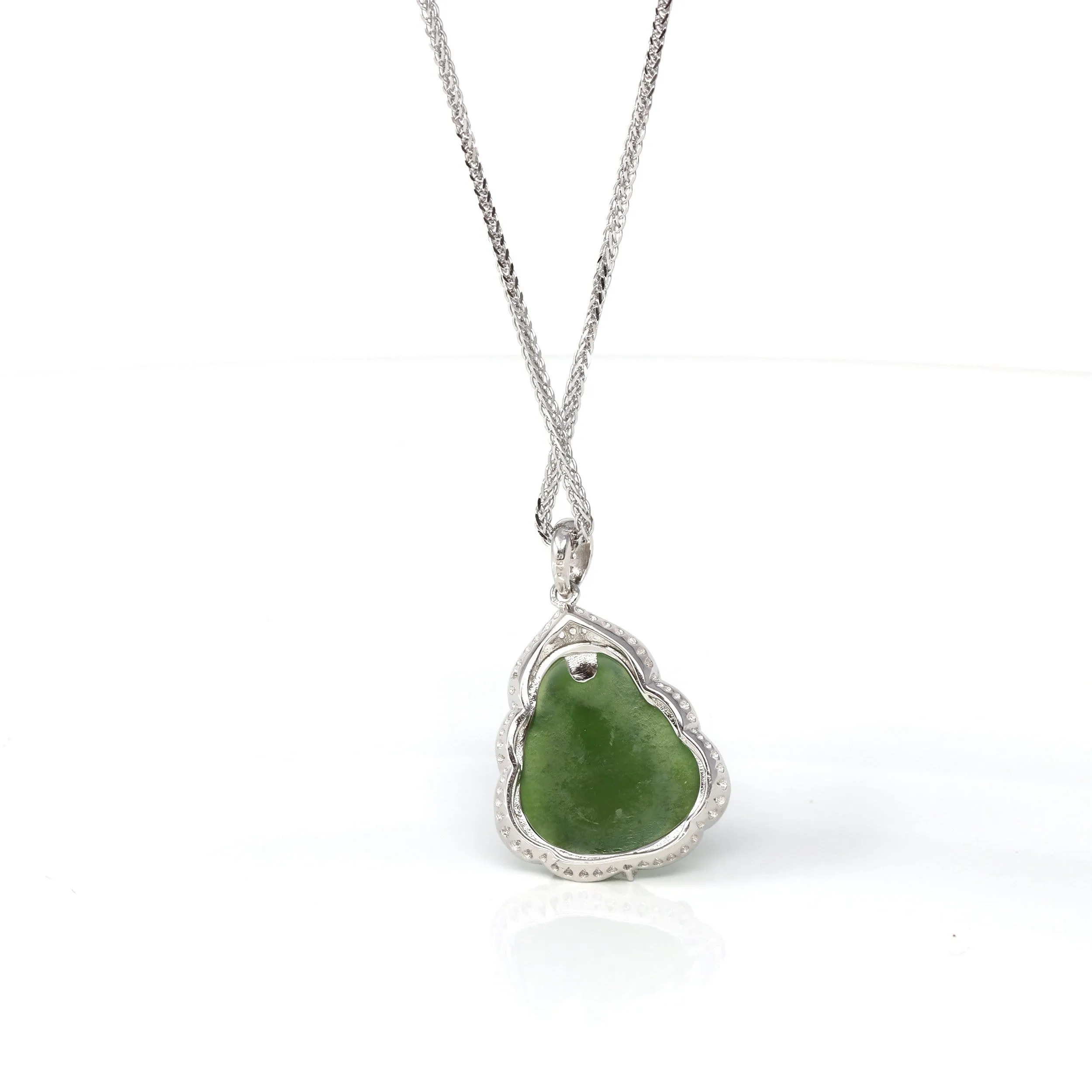 RealJade® "Laughing Buddha" 14k White Gold Genuine Nephrite Green Jade with Moissanite