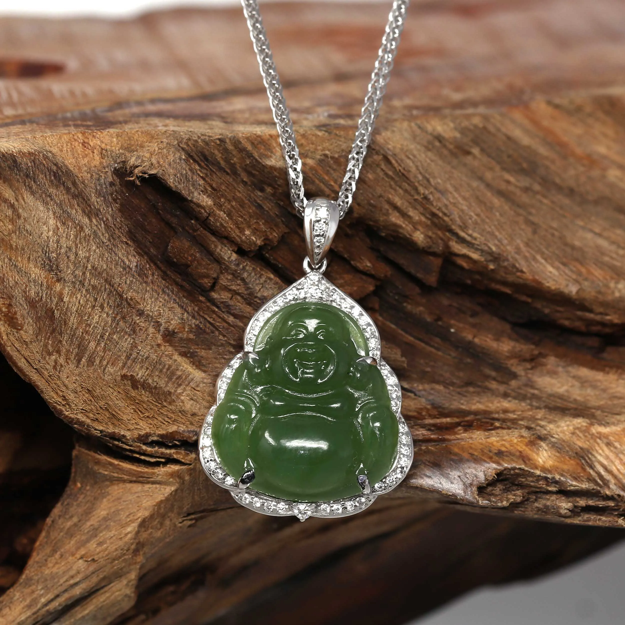 RealJade® "Laughing Buddha" 14k White Gold Genuine Nephrite Green Jade with Moissanite