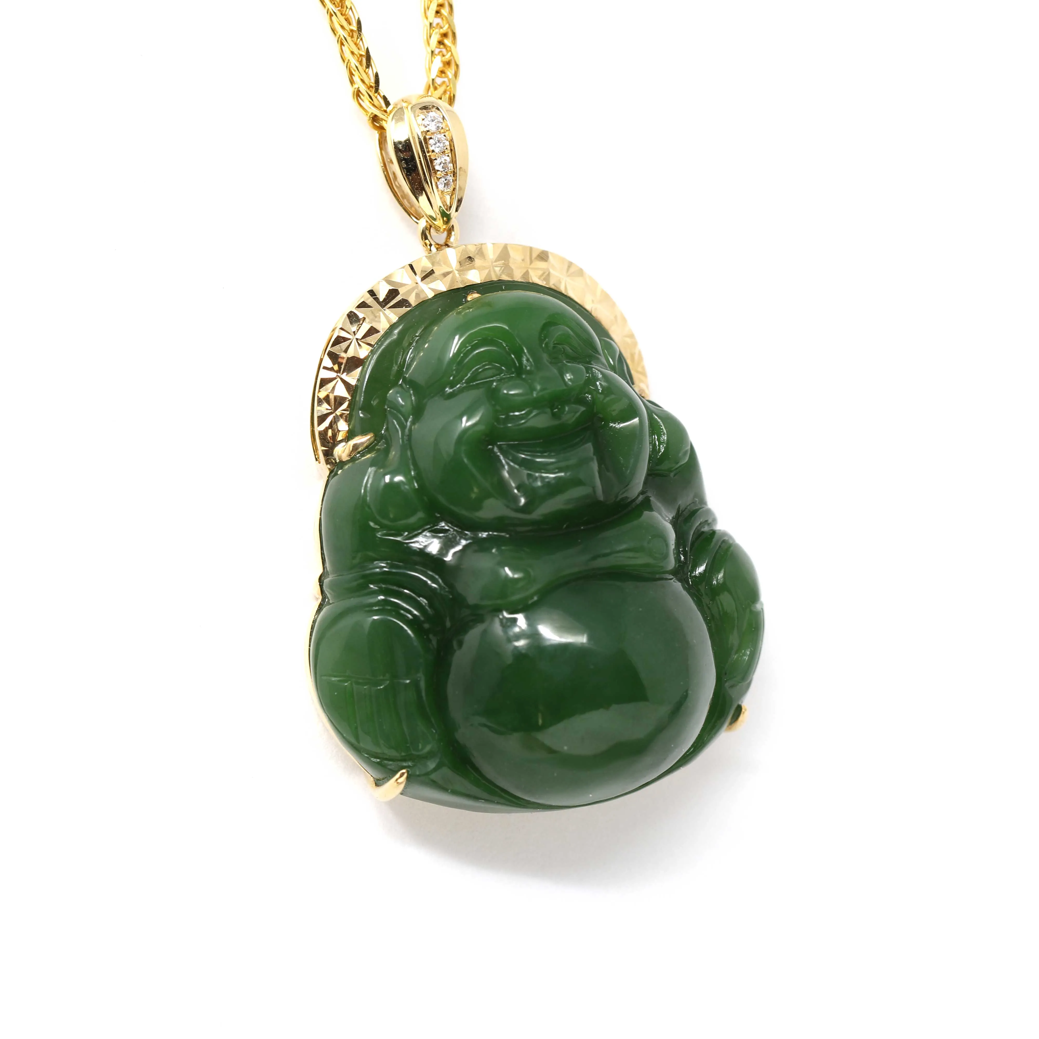 RealJade® "Laughing Buddha" 18k Yellow Gold Genuine Nephrite Green Jade with Diamonds Buddha Pendant Necklace High-end Collectable