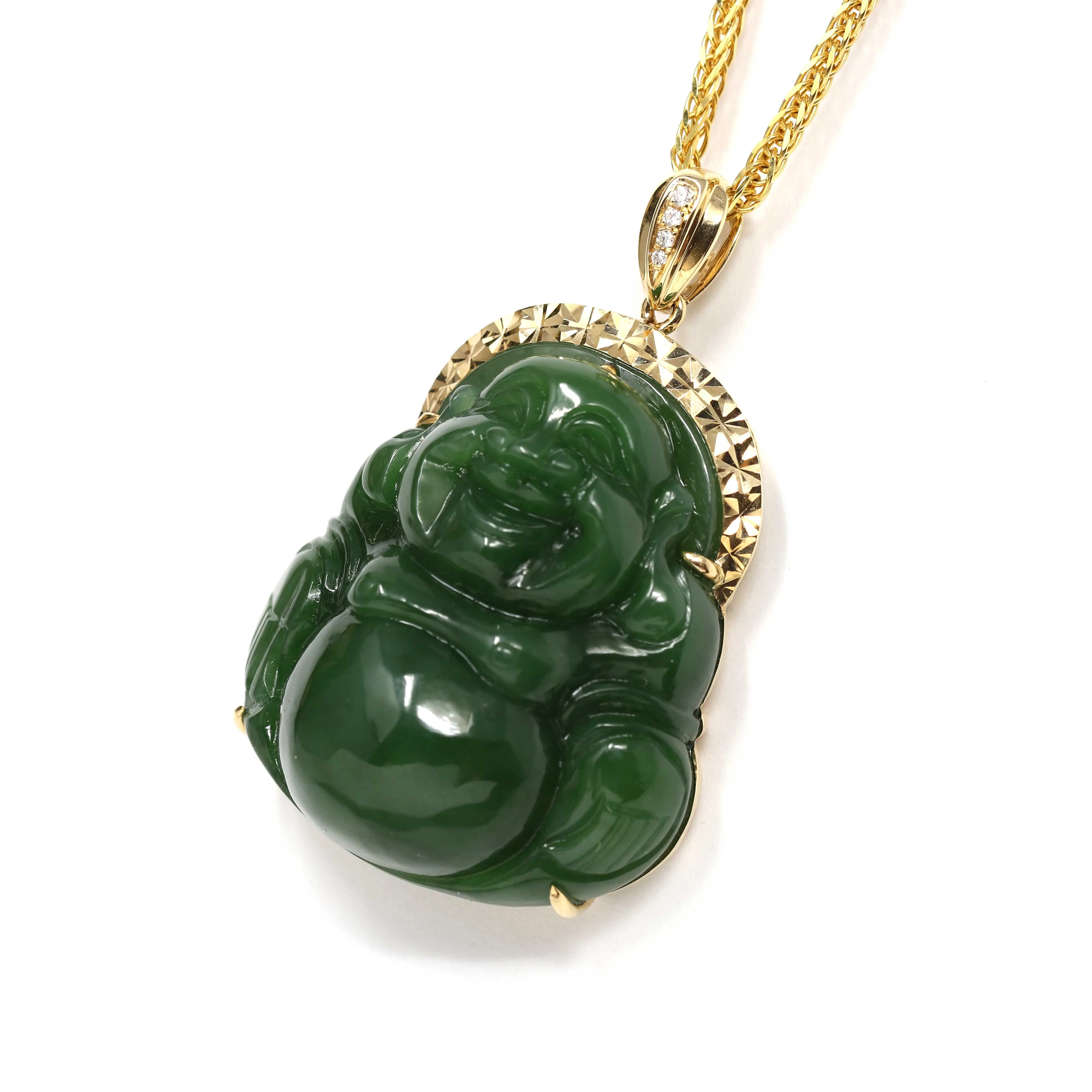 RealJade® "Laughing Buddha" 18k Yellow Gold Genuine Nephrite Green Jade with Diamonds Buddha Pendant Necklace High-end Collectable