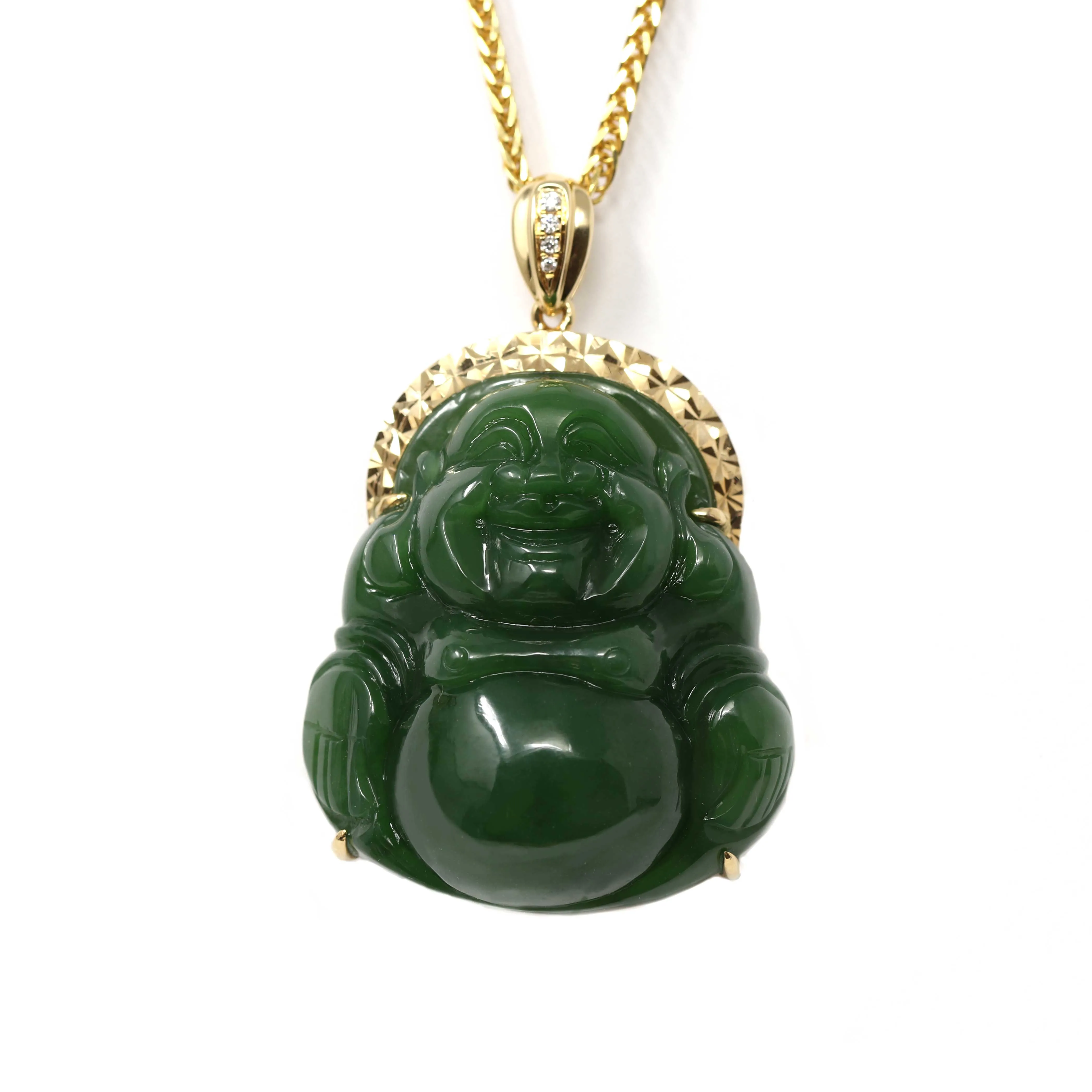 RealJade® "Laughing Buddha" 18k Yellow Gold Genuine Nephrite Green Jade with Diamonds Buddha Pendant Necklace High-end Collectable