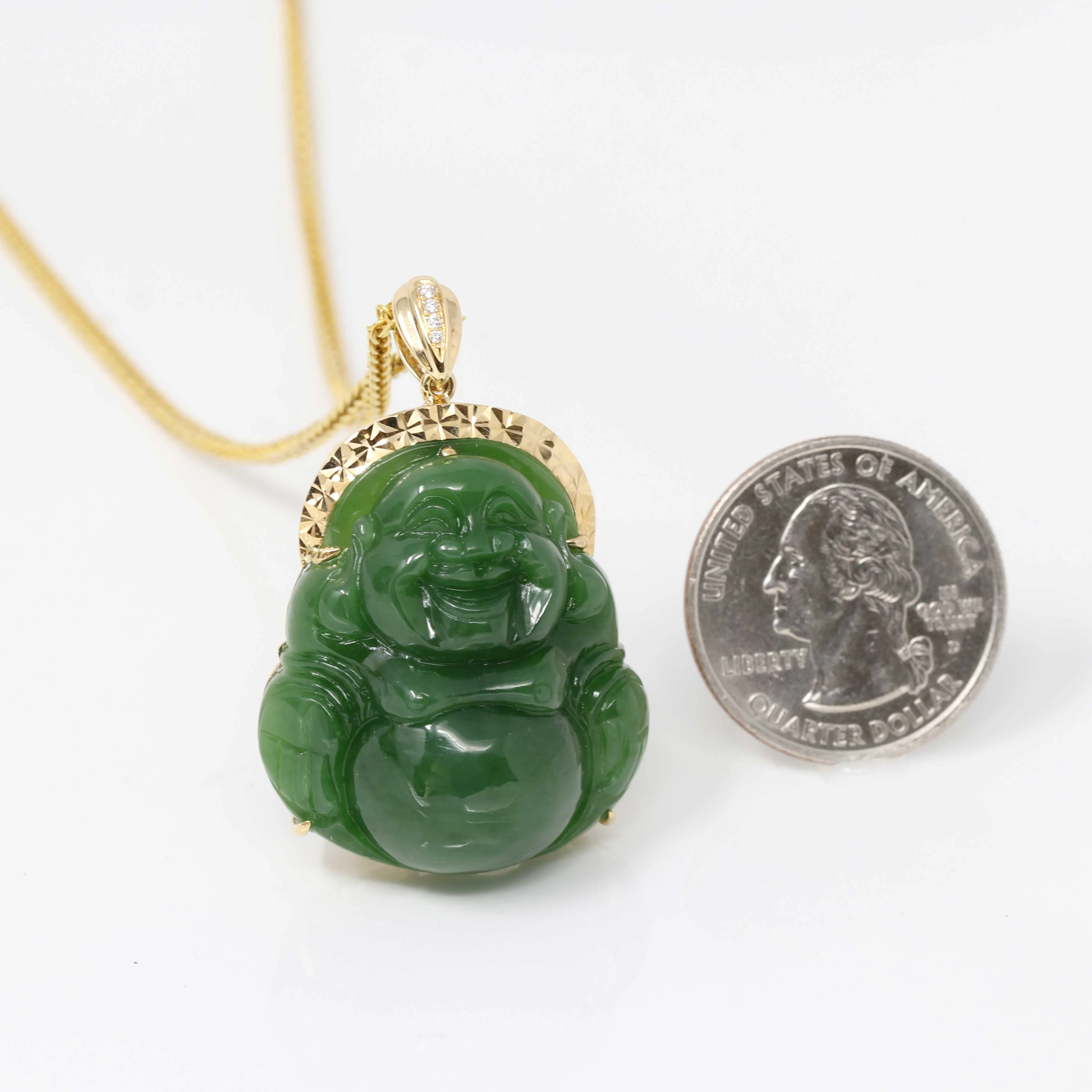 RealJade® "Laughing Buddha" 18k Yellow Gold Genuine Nephrite Green Jade with Diamonds Buddha Pendant Necklace High-end Collectable