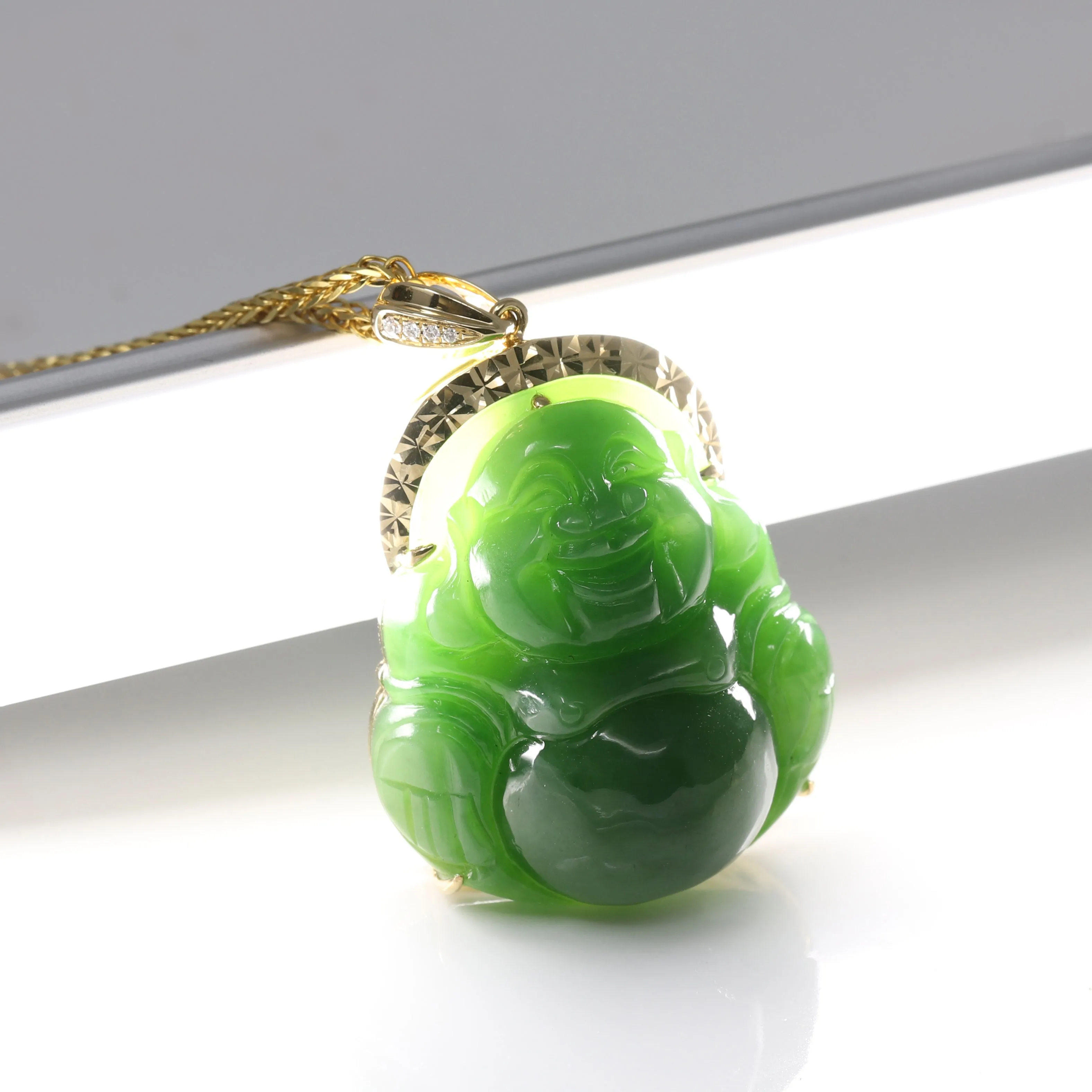 RealJade® "Laughing Buddha" 18k Yellow Gold Genuine Nephrite Green Jade with Diamonds Buddha Pendant Necklace High-end Collectable