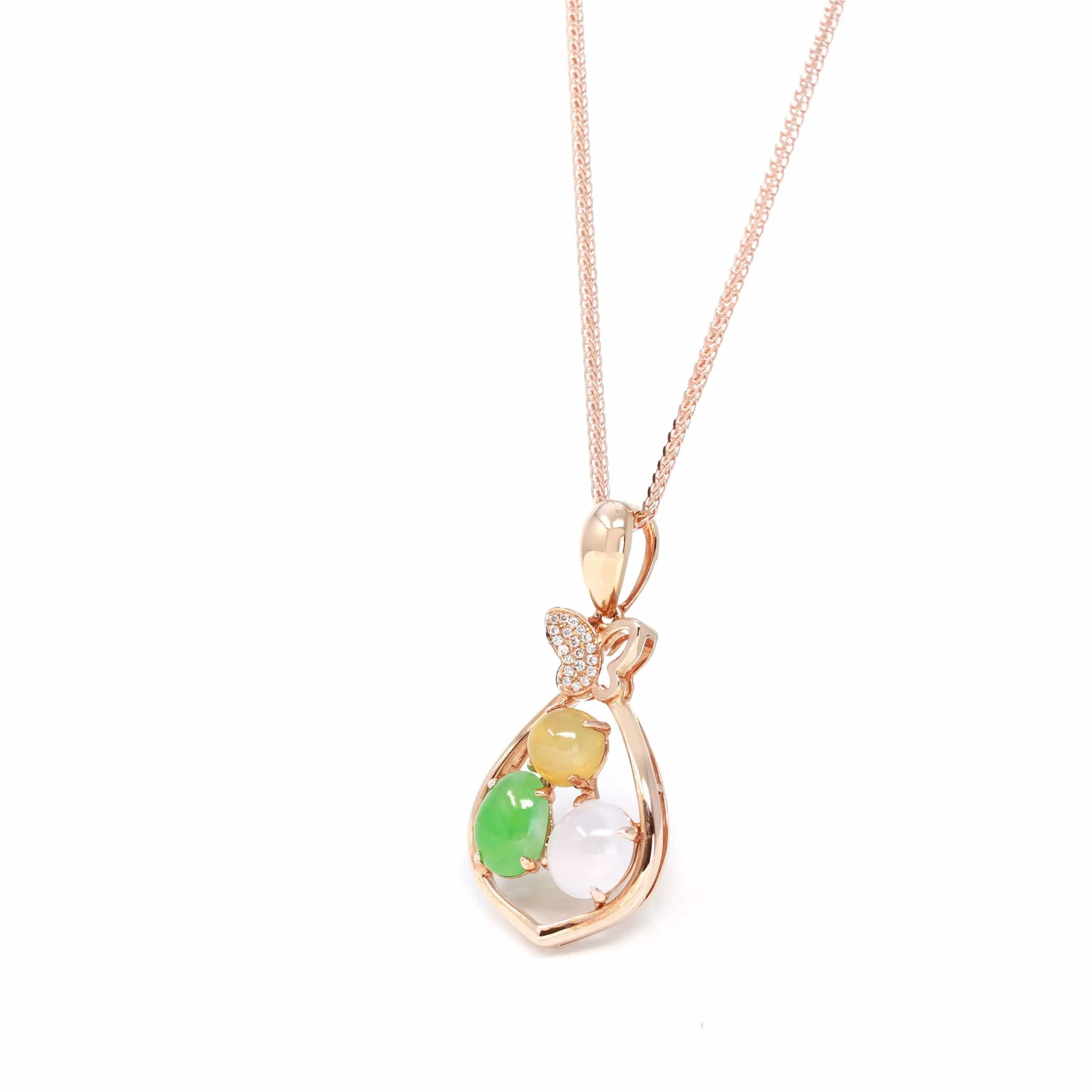 RealJade® "Money Sack" 18k Rose Gold Multi-Colored Jadeite Jade Diamond Pendant Necklace