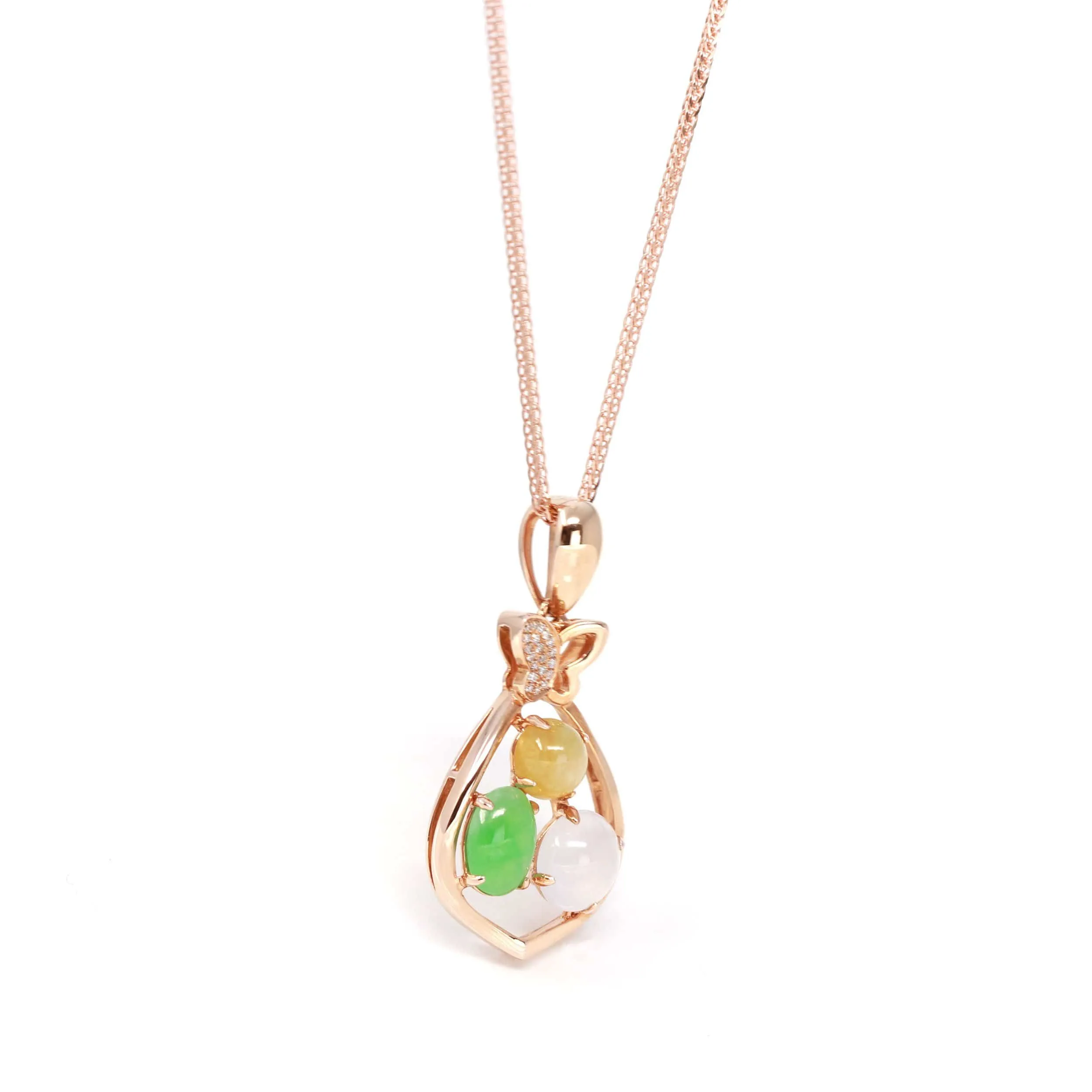 RealJade® "Money Sack" 18k Rose Gold Multi-Colored Jadeite Jade Diamond Pendant Necklace