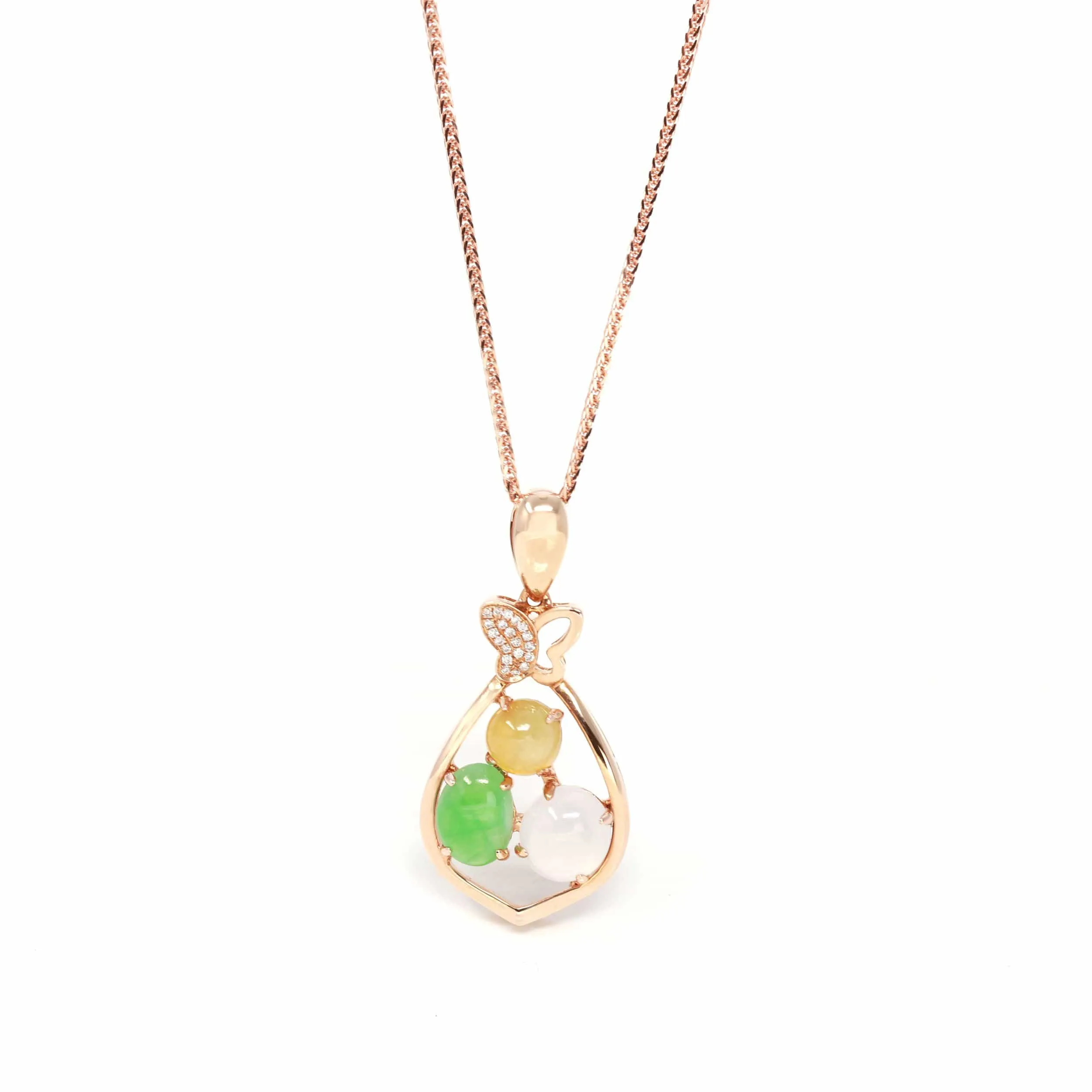 RealJade® "Money Sack" 18k Rose Gold Multi-Colored Jadeite Jade Diamond Pendant Necklace