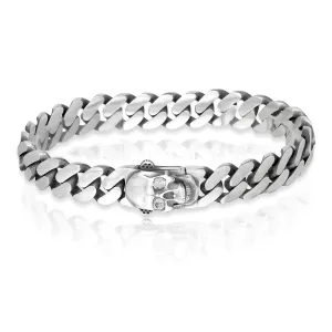 Skull Miami Cuban Link Bracelet, Rhodium Plated .925 Sterling Silver
