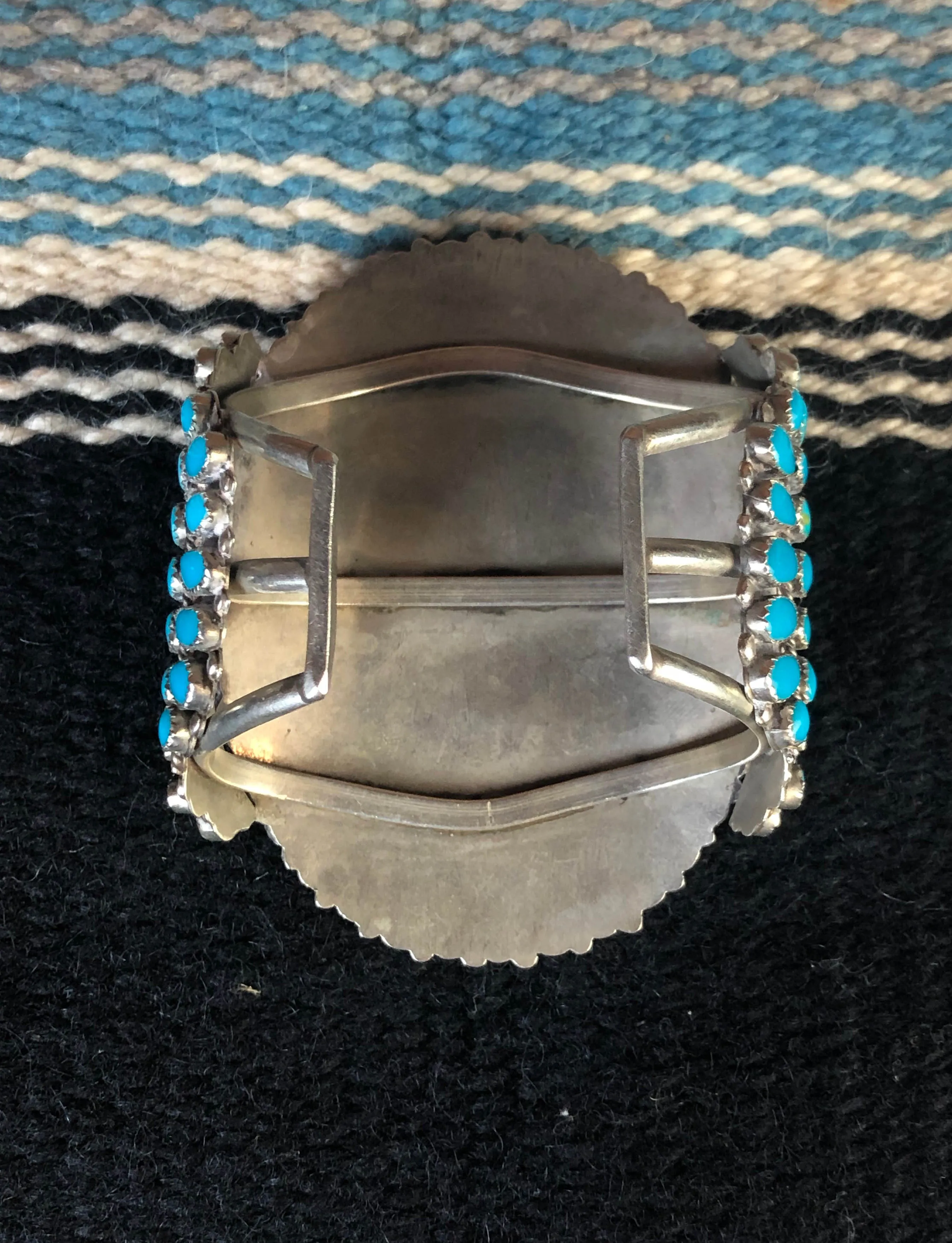 Vintage 40's Zuni Sterling Silver And Turquoise Large Cuff Bracelet