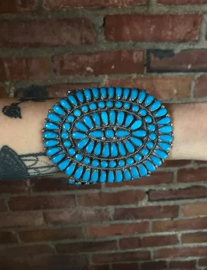 Vintage 40's Zuni Sterling Silver And Turquoise Large Cuff Bracelet
