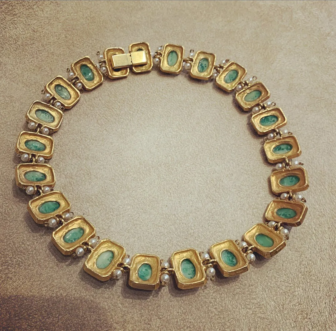 Vintage Green Jade Glass Gold Plated Necklace