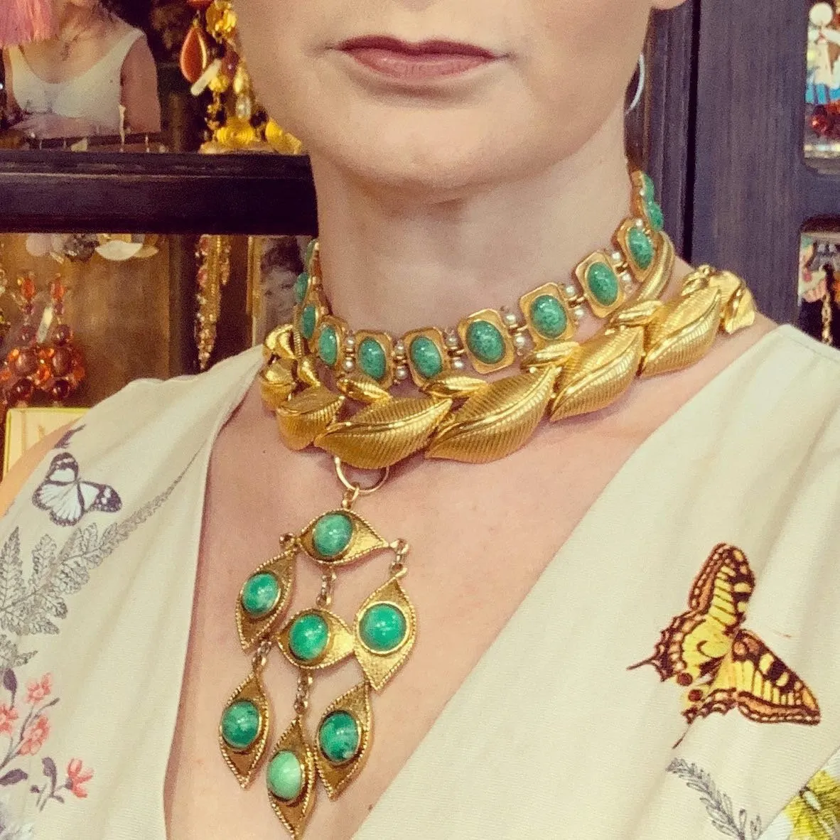 Vintage Green Jade Glass Gold Plated Necklace