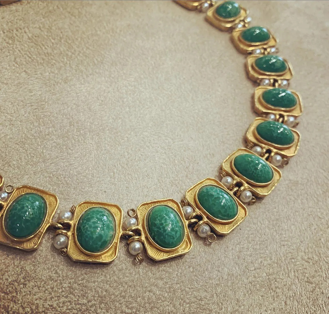 Vintage Green Jade Glass Gold Plated Necklace