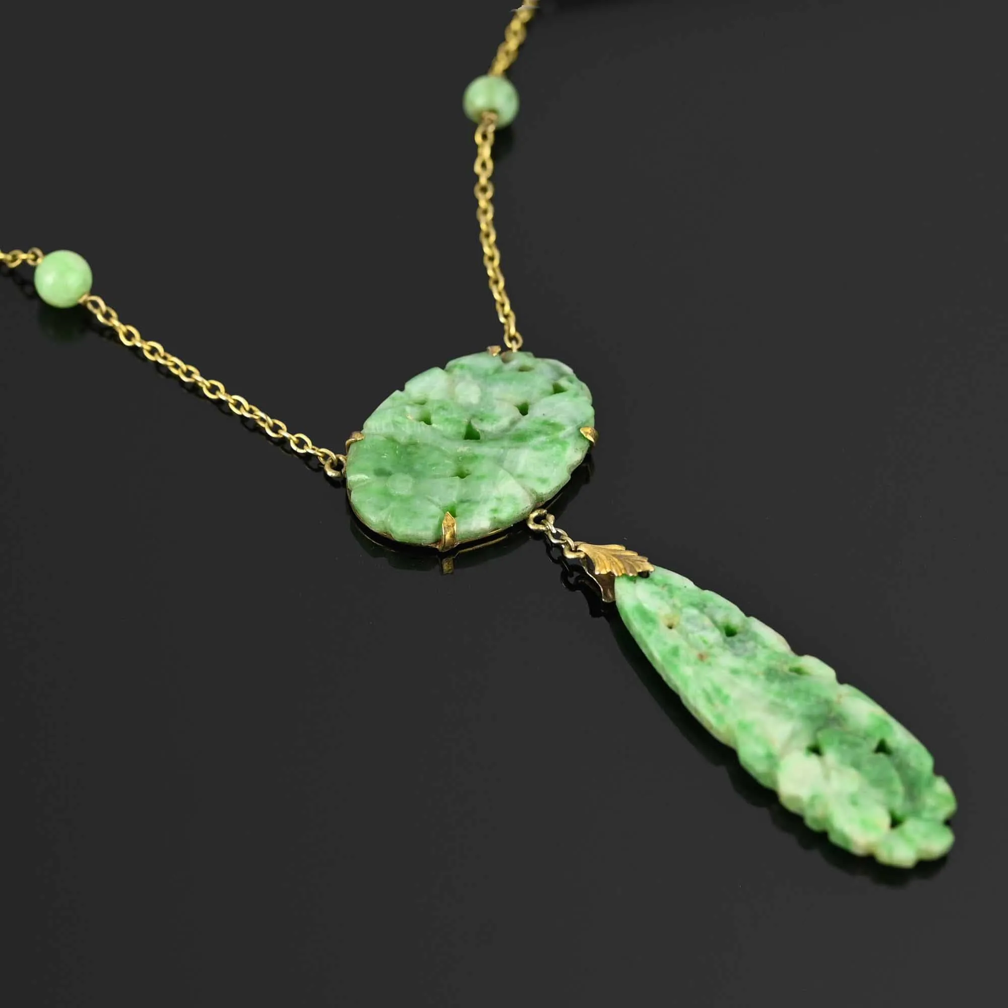 Walter Lampl 10K Gold Art Deco Carved Jade Necklace