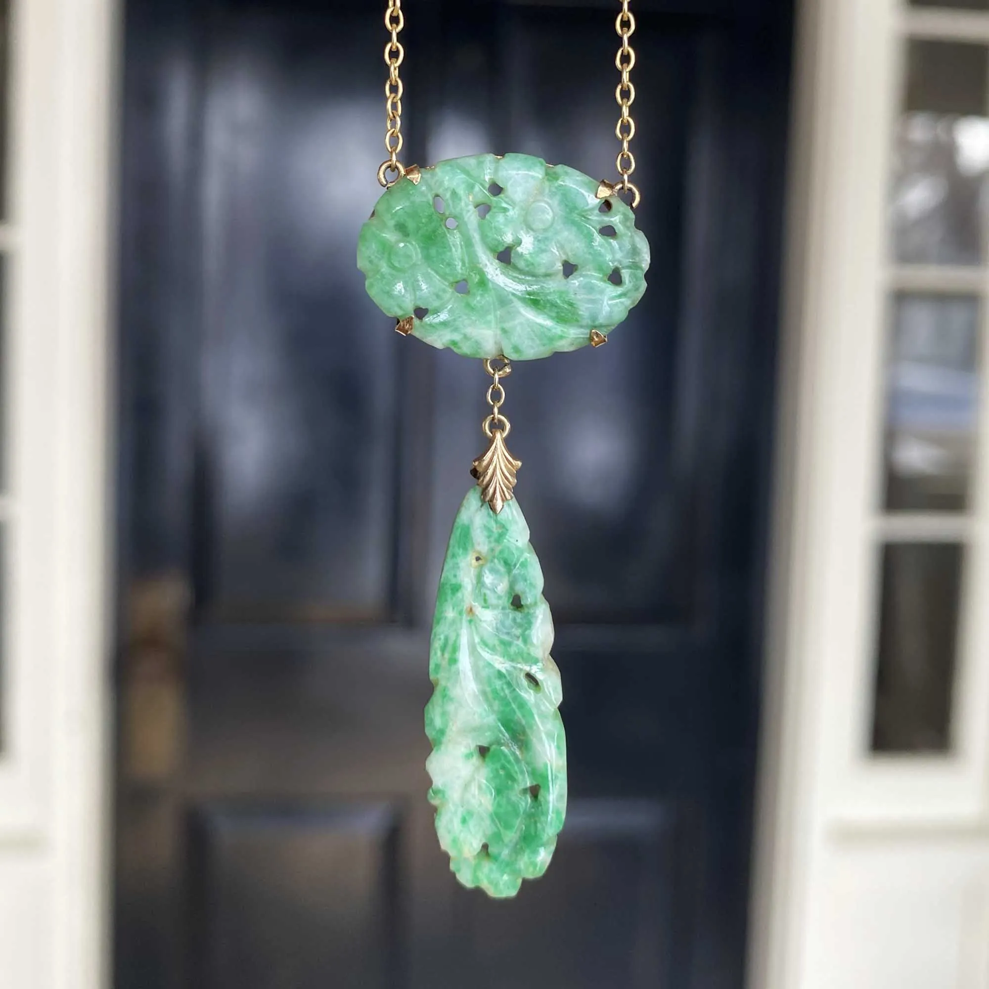 Walter Lampl 10K Gold Art Deco Carved Jade Necklace