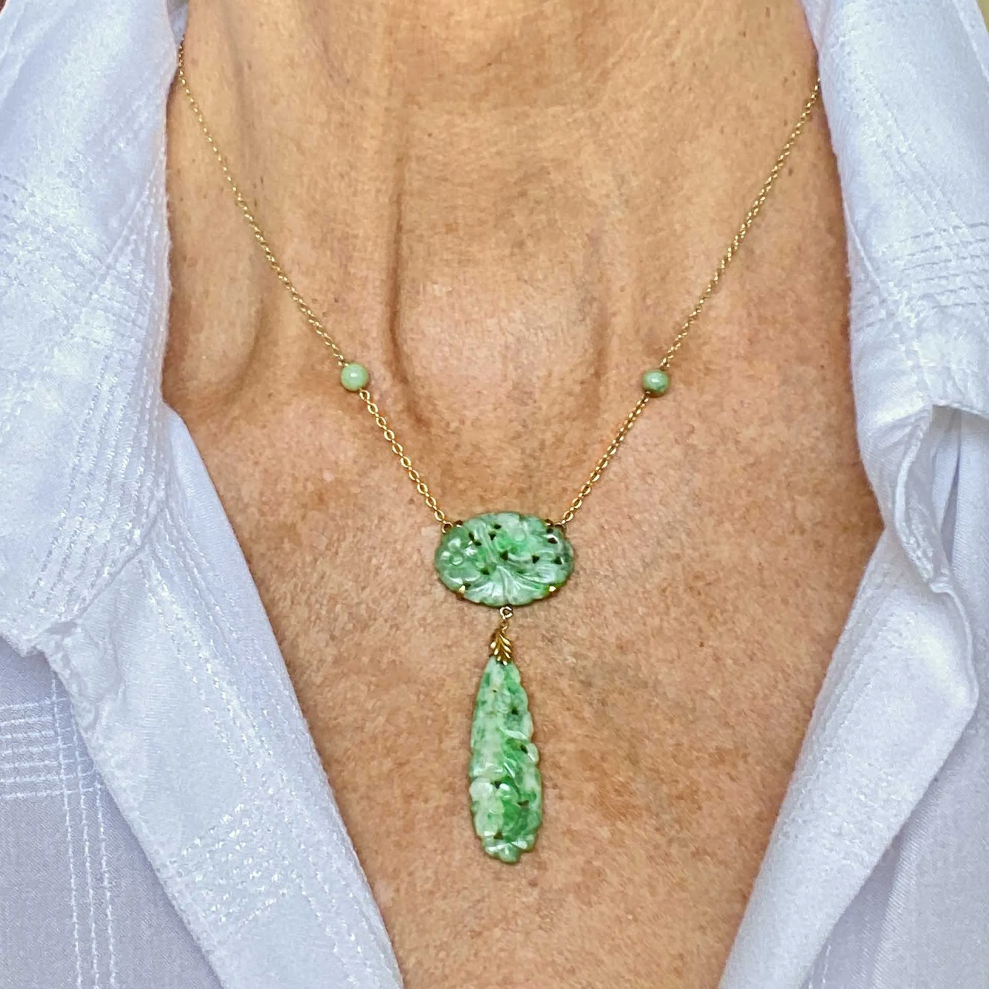 Walter Lampl 10K Gold Art Deco Carved Jade Necklace