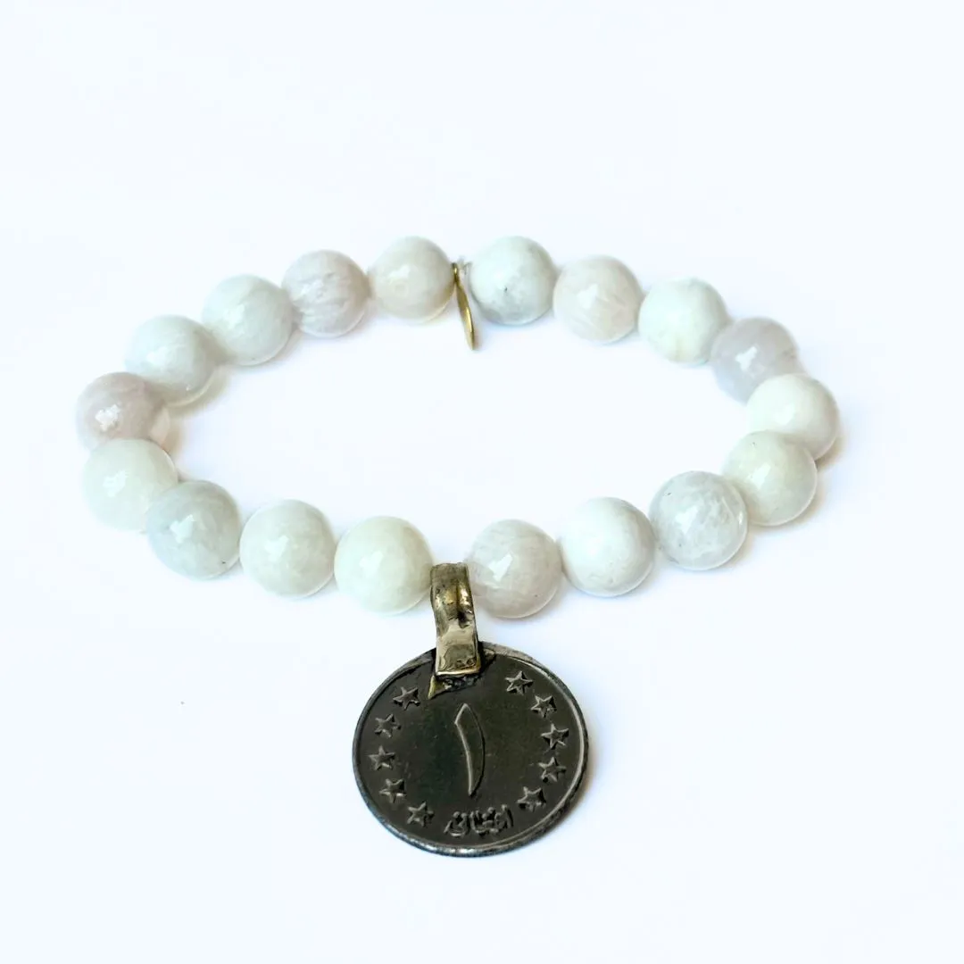 White Moonstone Crystal Bracelet | Vintage Foreign Silver Coin