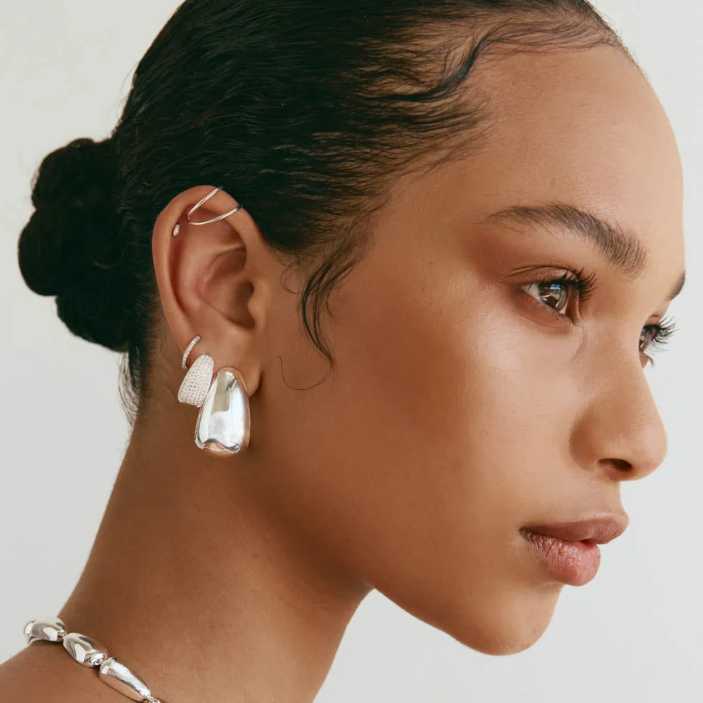 White Topaz Pave Dome Huggies in Silver